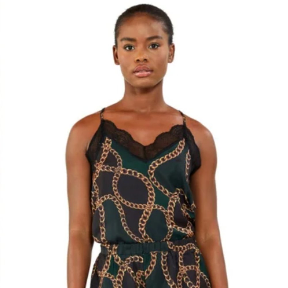 Plush Revolve Faux Silk Chain Link Cami & Short Lace Pajama Set Size XL